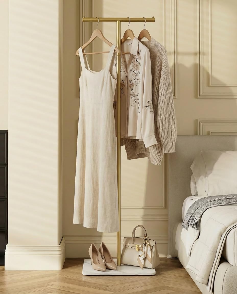 Coat Rack, T-Shaped Freestanding Metal Clothes Stand with Sintered Stone Base, Stable & Sturdy Storage for Coats, Hats, Bags, and Scarves, Ideal for Entryway, Office, and Bedroom, 15.7" x 9.8" x 66.5"