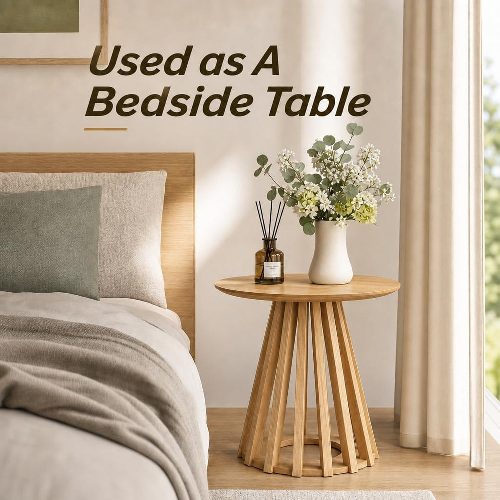 HNY Modern Round Fluted End Table, Wood Pedestal Side Table, Drum Accent Beds...