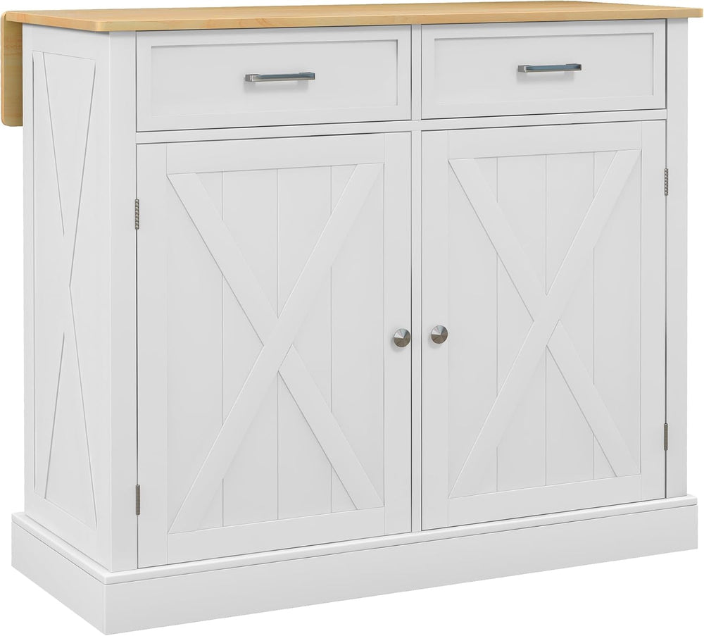 HOMCOM Rolling Kitchen Island with Drop Leaf Wood Breakfast Bar, White | Farm...