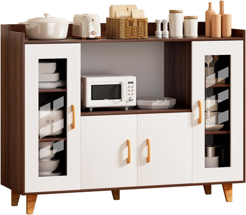120cm Kitchen Storage Cabinet with 4 Doors & Open Shelf, Wood Grain Buffet Sideboard for Dining Room, Multi-Purpose TV Stand & Coffee Bar Cabinet Brown