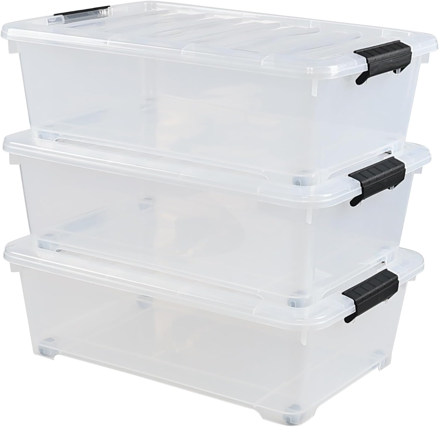 Gloreen 20 Quart Lidded Storage Bins with Wheels, Clear Plastic Under Bed Storage Boxes, 3 Pack