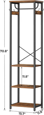 Coat Rack with Hanging Rod, Garment Rack with 3 Wooden Shelves and 4 Hooks, Freestanding Hall Tree, Industrial Clothes Rack Stand Organizer, Rustic Brown and Black