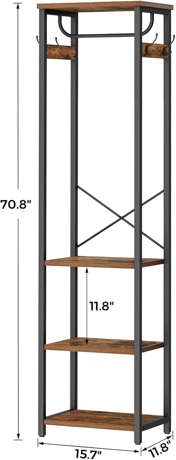 Coat Rack with Hanging Rod, Garment Rack with 3 Wooden Shelves and 4 Hooks, Freestanding Hall Tree, Industrial Clothes Rack Stand Organizer, Rustic Brown and Black