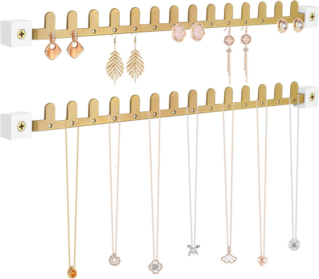 Wall Necklace Holder Hanging Jewelry Organizer 2 Pack Metal Necklace Organizer, Space-saving Jewelry Display for Necklaces & Earrings，Gold，Screws Included