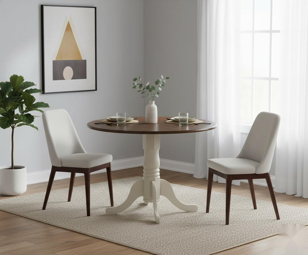 CARTESIAN Round Drop Leaf Dining Table, Walnut and White, Solid Wood, 42 Inch...