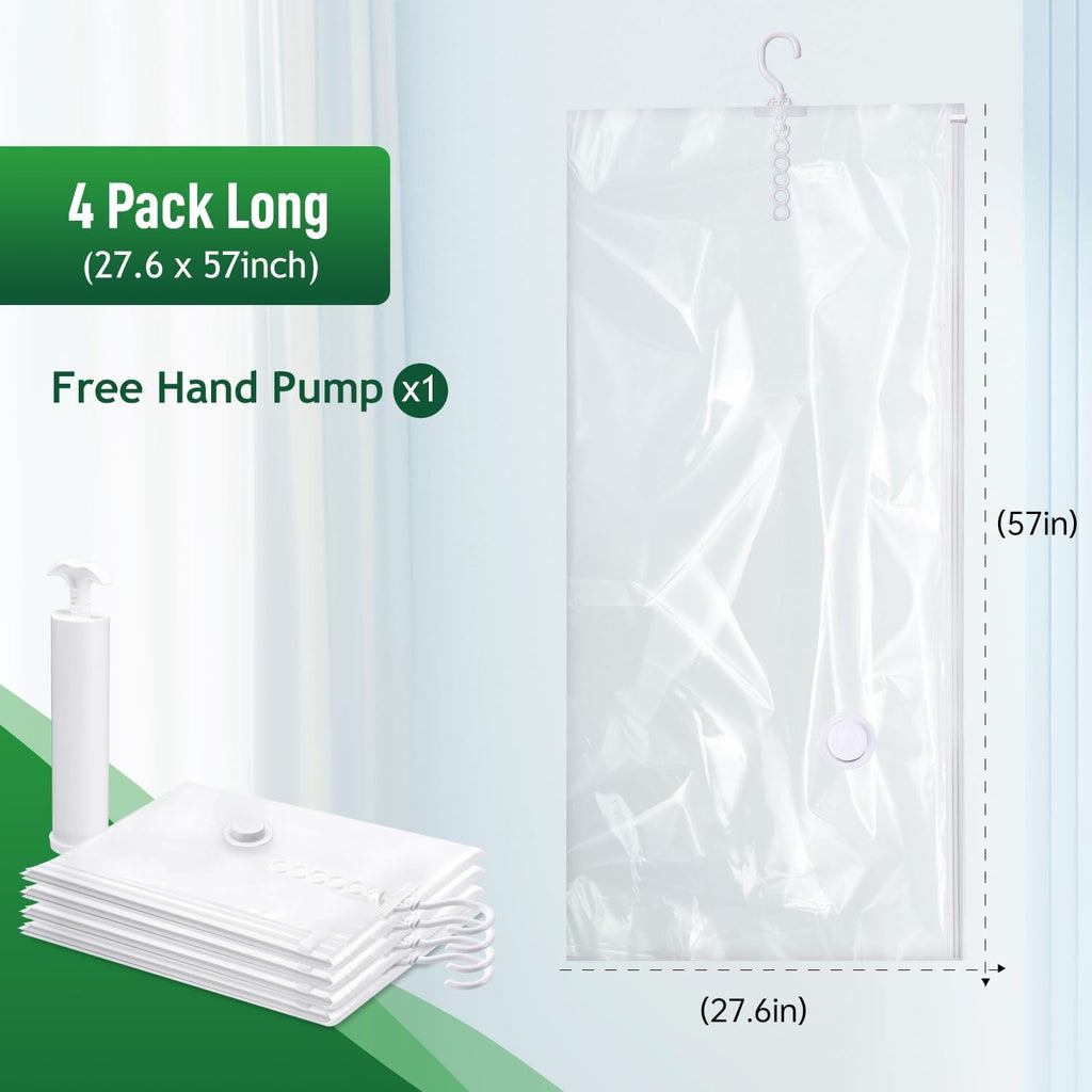Hanging Vacuum Storage Bags For Clothes With Hand Pump,Coat Storage Bag Hanging,Vacuum Bags For Clothes,Space Saver Vacuum Storage Bags,Garment, Clothing, Dress, Suit, Long Coat, Jacket(Long 4 Pack）