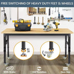 70'' Adjustable Workbench, Rubber Wood Top Work Bench Heavy-Duty Work Table with Socket, Wheels and Fixed Legs 2000 LBS Load Capacity Hardwood Sewing Table for Garage, Workshop, Home, Office