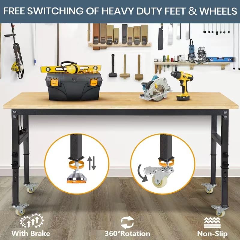 70'' Adjustable Workbench, Rubber Wood Top Work Bench Heavy-Duty Work Table with Socket, Wheels and Fixed Legs 2000 LBS Load Capacity Hardwood Sewing Table for Garage, Workshop, Home, Office