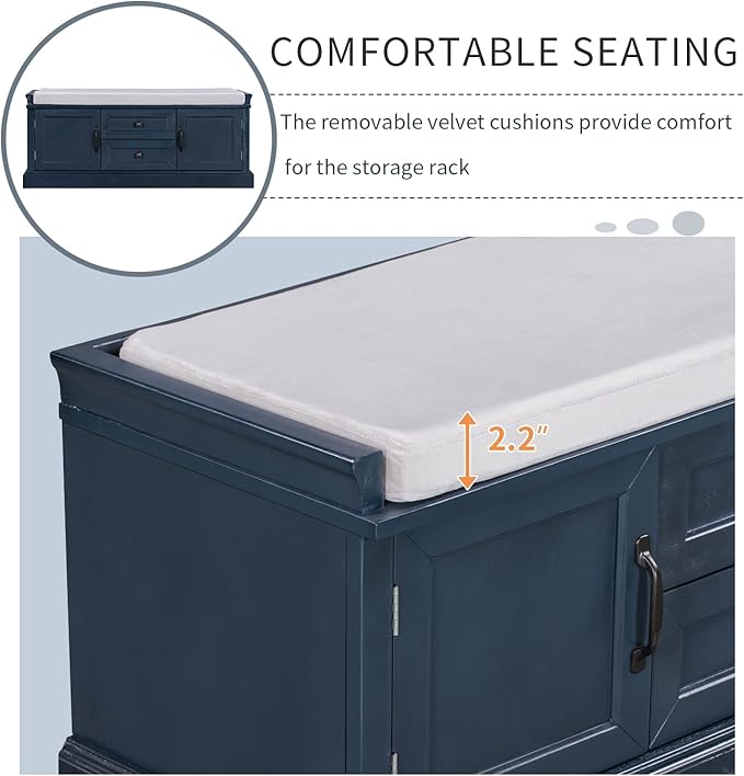42″ Storage Bench with 2 Drawers and 2 Cabinets，Multipurpose Entryway Shoe Rack W/Removable Cushion，for Living Room Hallway Porch,Antique Navy