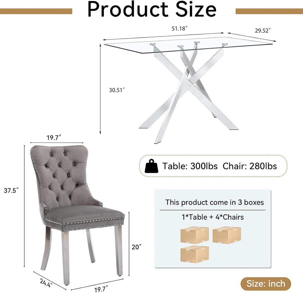 52'' 5 Piece Rectangular Glass Dining Table Set for 4 | Tempered Glass Dinner Table Set for 4 Kitchen Table Set with 4 Velvet Upholstered Chairs for Kitchen Dining Room