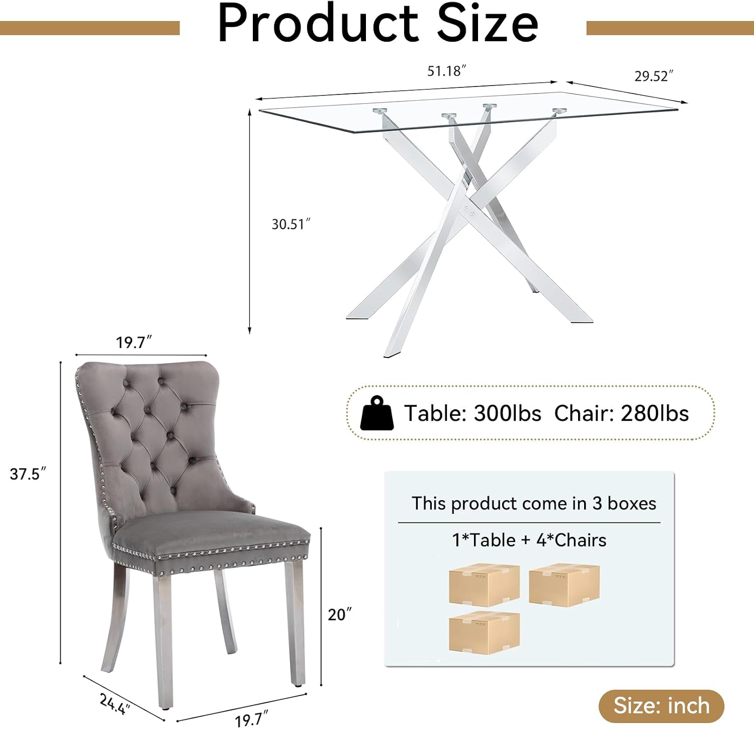52'' 5 Piece Rectangular Glass Dining Table Set for 4 | Tempered Glass Dinner Table Set for 4 Kitchen Table Set with 4 Velvet Upholstered Chairs for Kitchen Dining Room