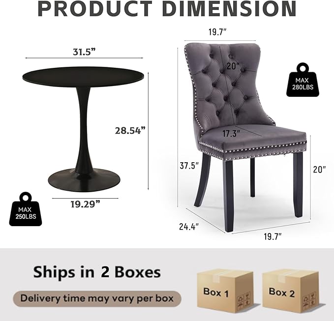 3-Pieces 31.5" Round Dining Table Set for 2, Black Dining Table & 2 Velvet Upholstered Dining Chairs for Kitchen Dining Room Apartment Small Space(Black Table & Grey Chairs)