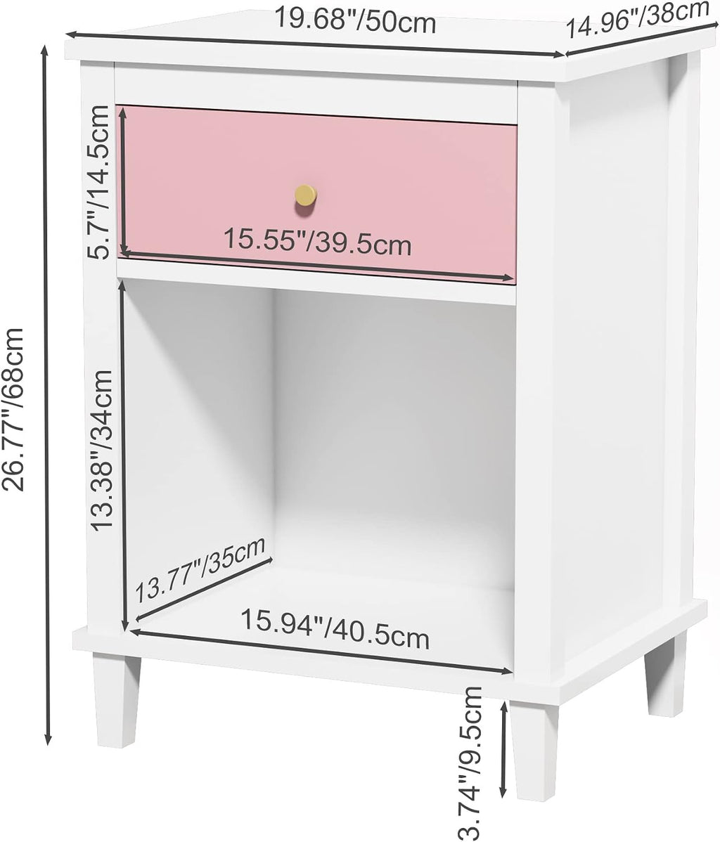 Pink Kids Nightstand Modern Kids Bedside Table with Drawer & Open Storage Shelf Wood End Side Table Toddler Nightstand for Bedroom Living Room (Pink)