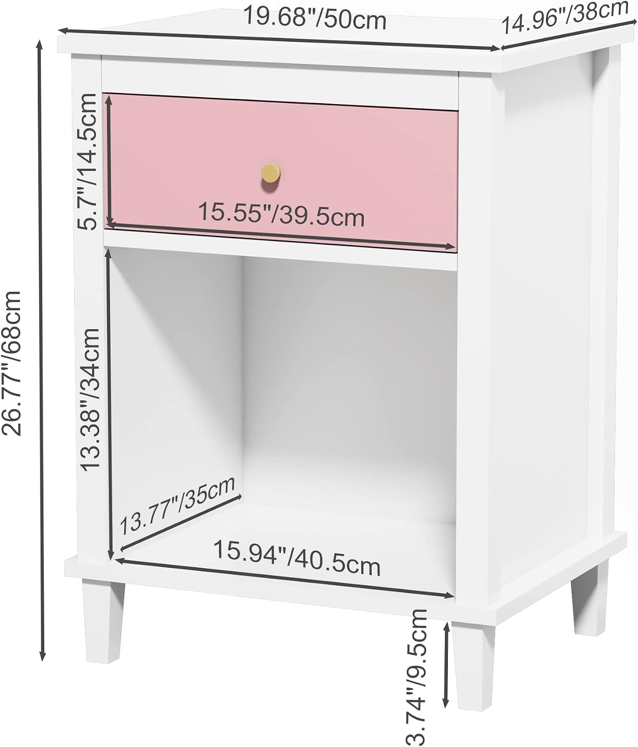 Nightstand with One Drawer & Open Storage Shelf, Modern Wooden Bedside Table for Kids, 26.77''H End Table for Living Room, Bedroom, Toddler Nightstand for Boys and Girls, White+Pink