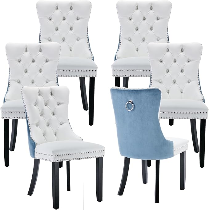 Modern Dining Chairs Set of 6, Tufted Upholstered Dining Chair with Solid Wood Legs, Velvet and Leather Dining Chairs, Sillas de Comedor, Comfy Kitchen Chair (White+Light Blue, 6Pcs)