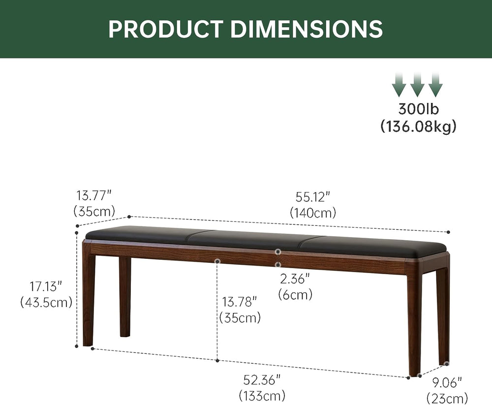 55" Solid Oak Dining Bench with Faux Leather Upholstered Seat, Mid Centu...