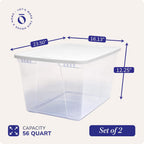 HOMZ 2-Pack Snaplock, Large Clear Plastic Storage Organizer Bins w/Lids, 56 Quart, White - Stackable Container Boxes for Bedroom, Bathroom, Garage, and Office Organization