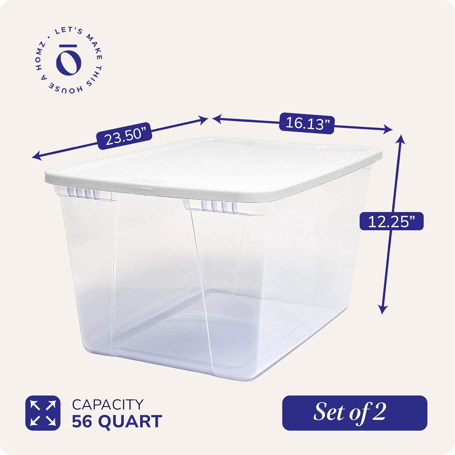 HOMZ 2-Pack Snaplock, Large Clear Plastic Storage Organizer Bins w/Lids, 56 Quart, White - Stackable Container Boxes for Bedroom, Bathroom, Garage, and Office Organization