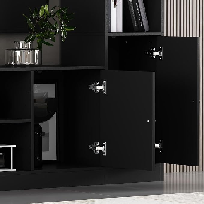 81.1" Large TV Stand with Bookshelves for TVs up to 60", Wall Unit Entertainment Center with Doors, 9 Open Shelves and Cable Holes, Media Console Cabinet for Living Room, Black