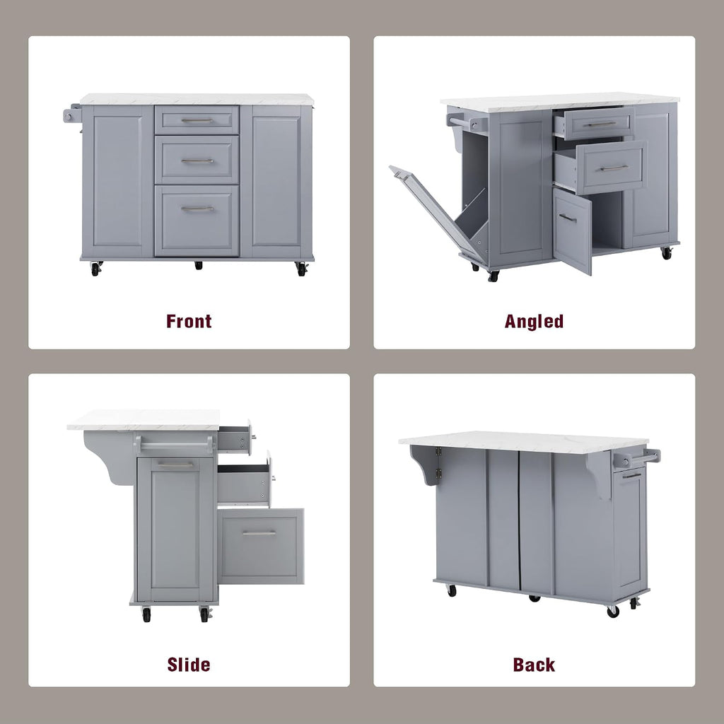 Merax 50.7" Kitchen Island with Storage Tilt Trash Can Cabinet and Pull Out Cabinet Organizer, Rolling Kitchen Island on 5 Wheels with Drop Leaf, 2 Drawers, 1Door for Dining Room, Grey+Blue
