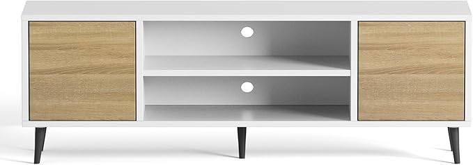 JUMMICO TV Stand for 65 Inch TV, Mid Century Modern TV Stand, Entertainment Center with Storage Cabinet and Open Shelves, TV Console Table Media Cabinet for Living Room, and Bedroom (White)