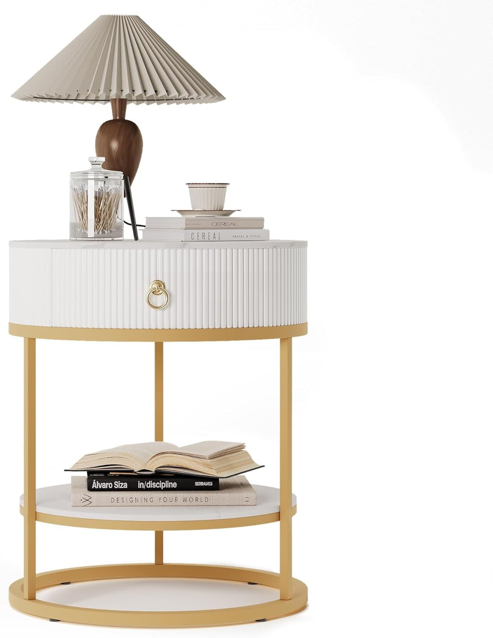 COSIEST Round Side Table with Drawer, Modern Tall Nightstand with Faux Marble...