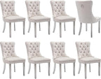 Luxury Upholstered Dining Chairs Set of 8, Beige Kitchen Chair with Silver Metal Legs, Velvet Tufted Back Dining Chair, Sillas de Comedor, Modern Kitchen & Dining Room Chairs (Beige, 8 Pcs)