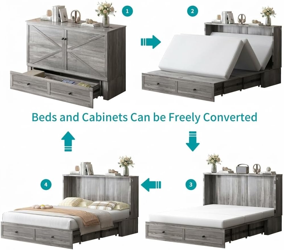 BALUS 57" Width Murphy Bed with Mattress, Full Size Cabinet Bed Frame wi...