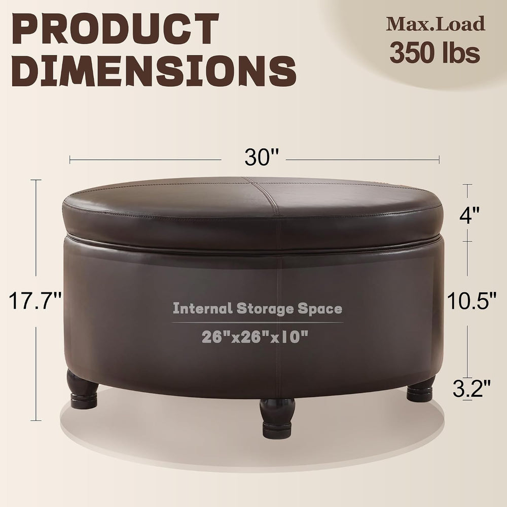 30-Inch Round Ottoman, Leather Ottoman with Storage (Brown)
