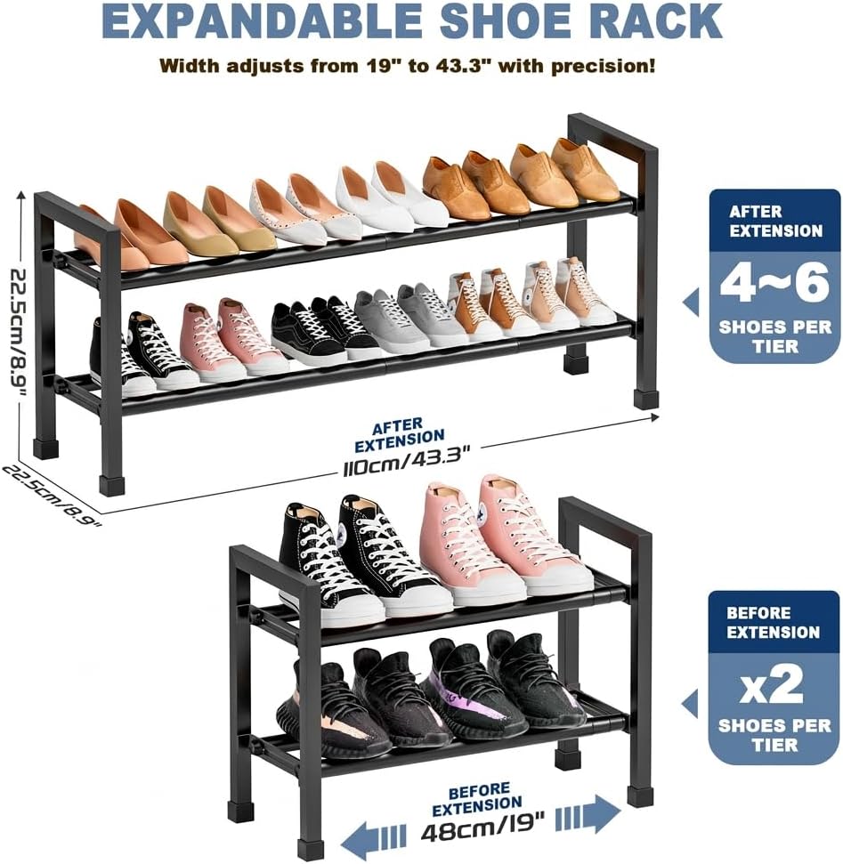 Mavivegue Expandable Shoe Rack, 2-Tier 19"-43.3" Adjustable Shoe Rack for Closet,Hall Entryway,Front Door,Garage, Sturdy Steel Space-Saving Rack, Black