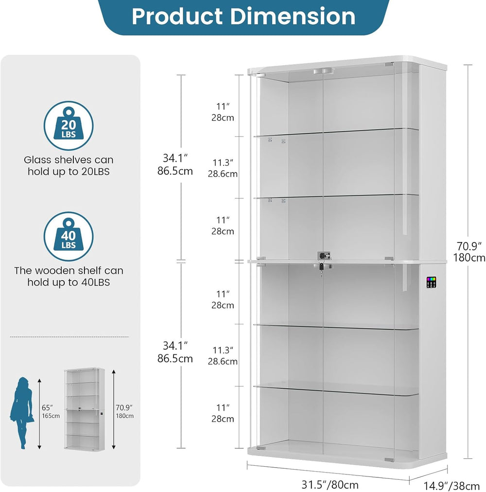 71" Tall Display Cabinet with Glass Doors, Rounded Curio Cabinet with Mo...