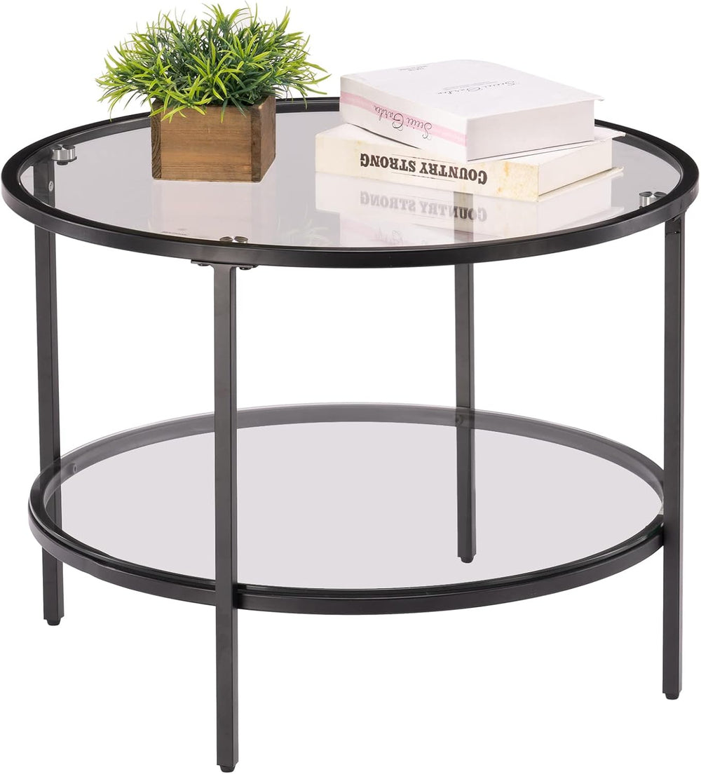 VINGLI 25.6" Glass Coffee Table, Round Coffee Tables for Living Room, Black