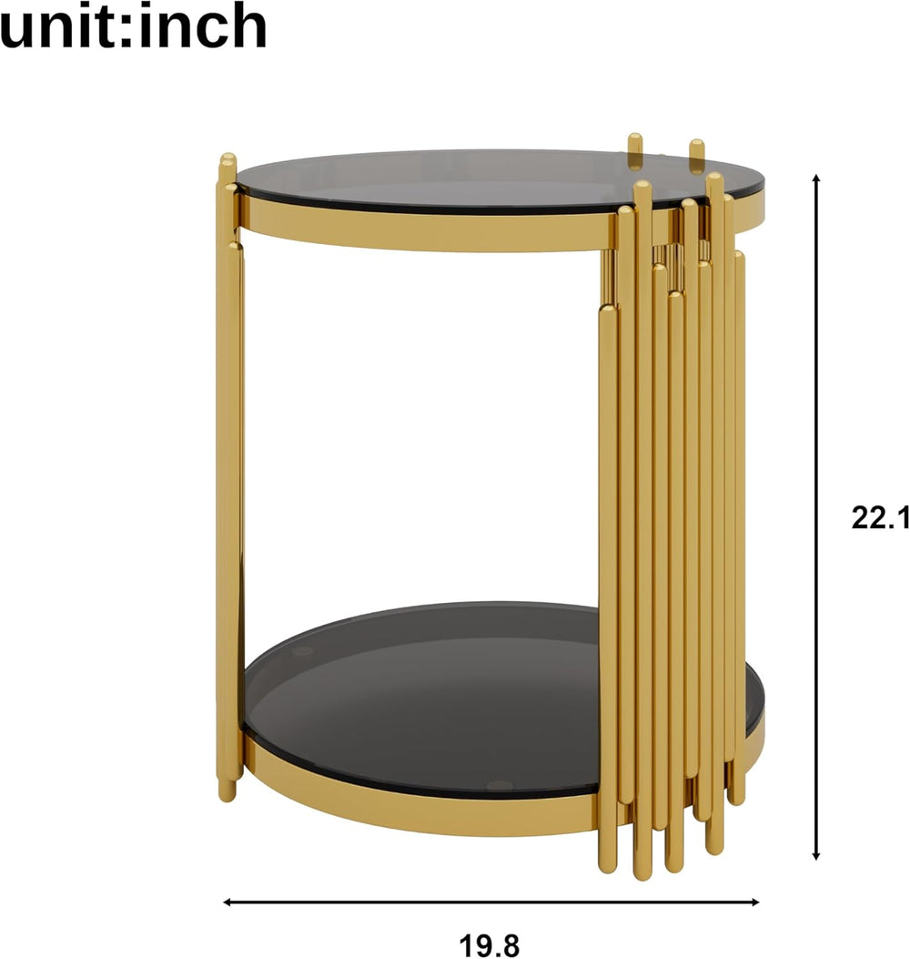 19.8" Round End Table with Gold Finish & Lower Shelf, Modern Black M...