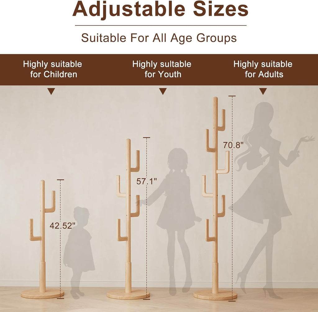Muwuele Solid Wood Cactus Coat Rack, Freestanding Coat Rack With 6 L-Shaped Hooks and 3 Adjustable Sizes, Coat Tree for Bedroom, Entryway, Livingroom, Coat Hanger Stand for Coats, Handbags (Natural)