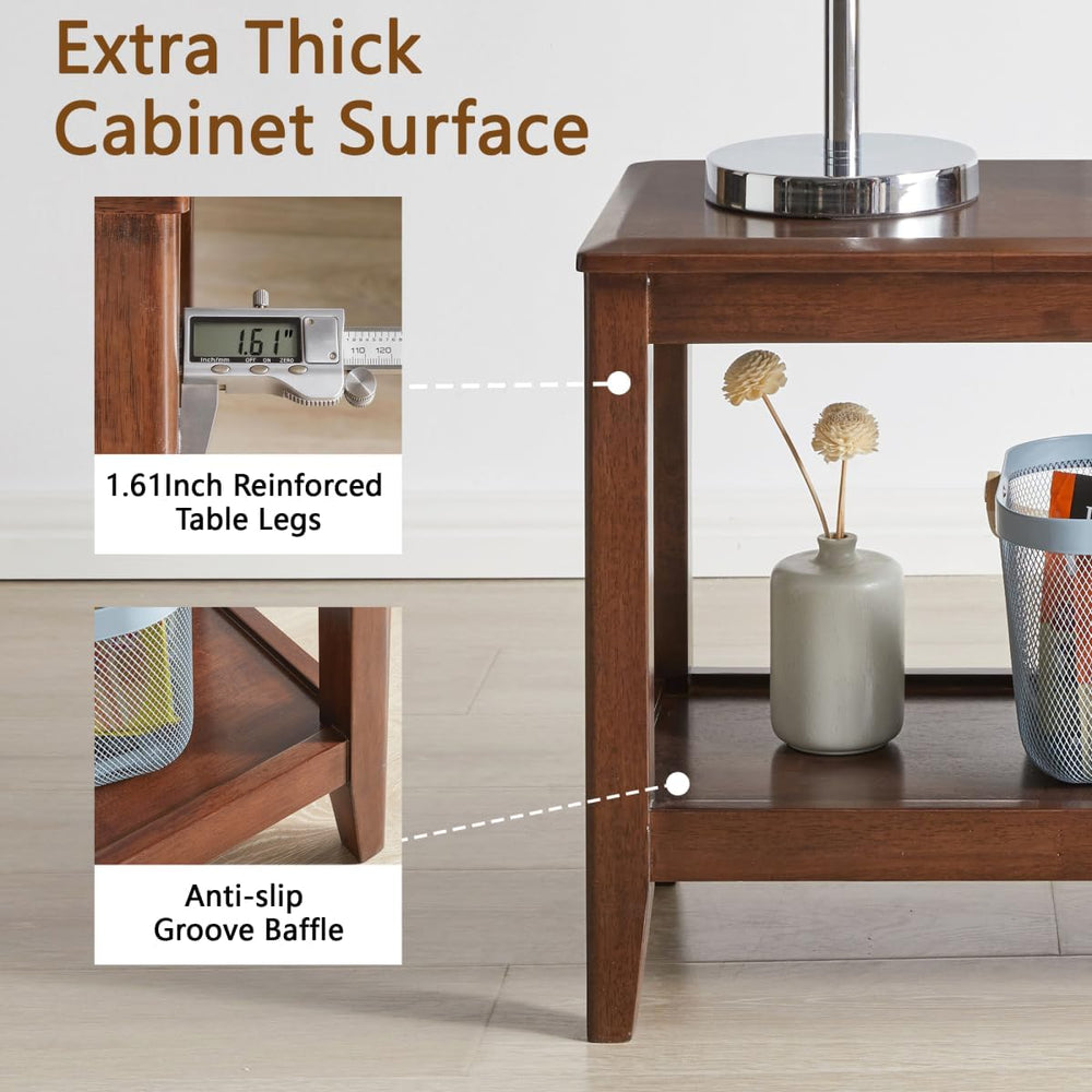 Solid Wood End Table with Storage Shelf, 2-Tier Rustic Side Table for Living ...