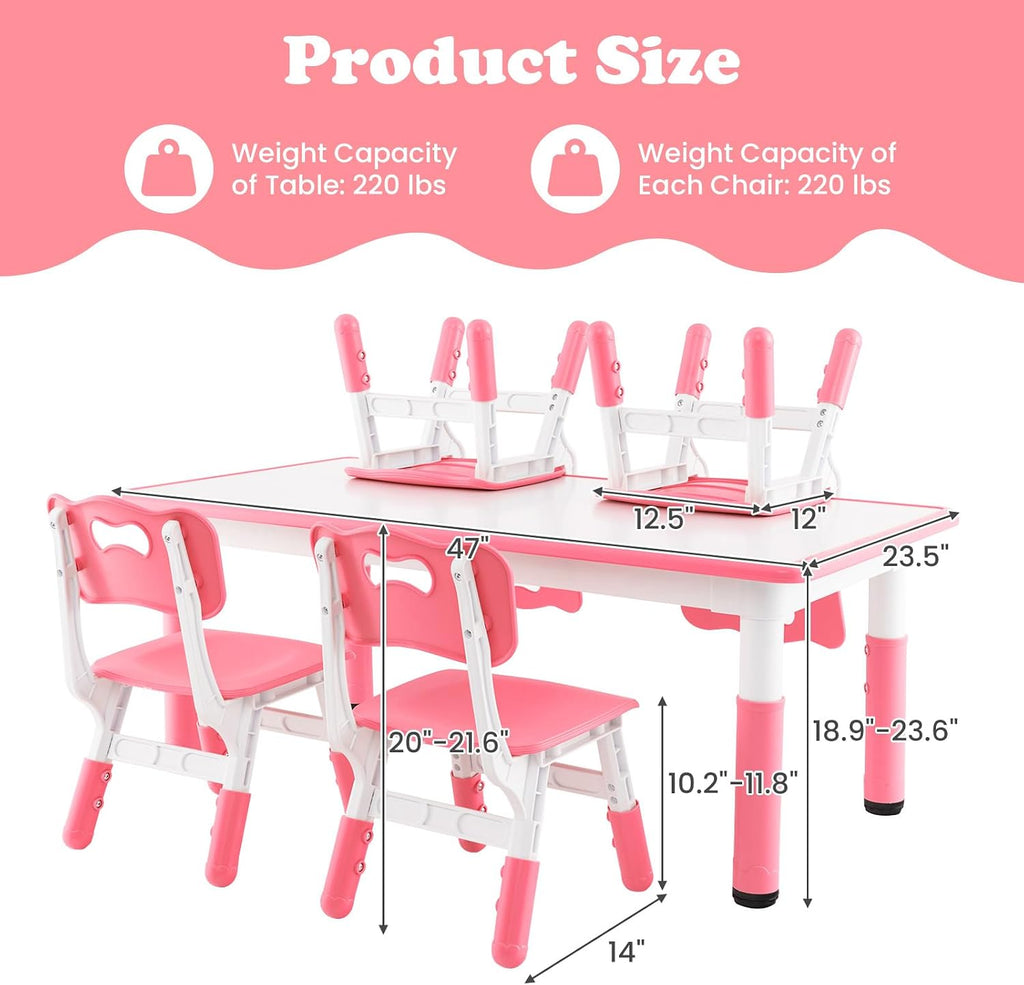 INFANS Kids Table and Chiar Set, Height Adjustable Toddler Desk and 4 Chairs with Graffiti Desktop Non-Slip Legs, Large 47" L x 23.5" W Multi-Activity Art Table for Daycare Classroom Home (Pink)