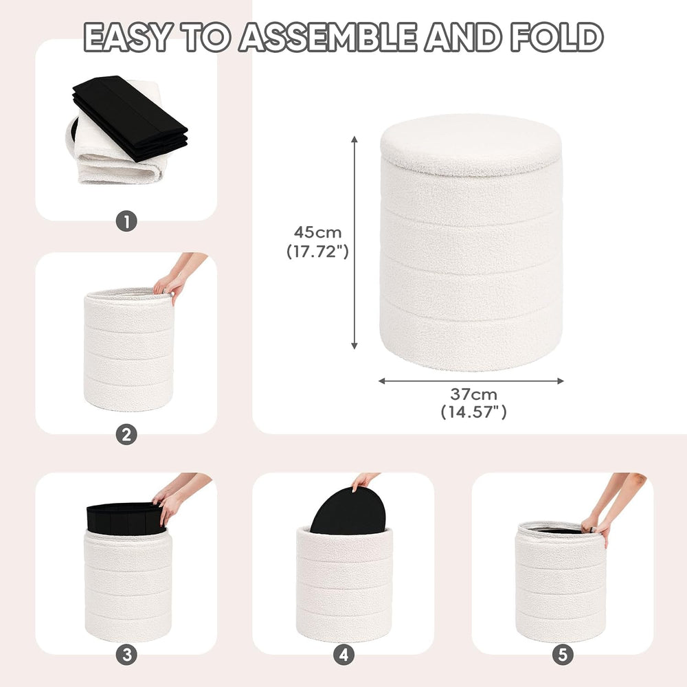 PINPLUS Round Storage Ottoman Foot Rest Stool with Tray Velvet Sherpa Folding...