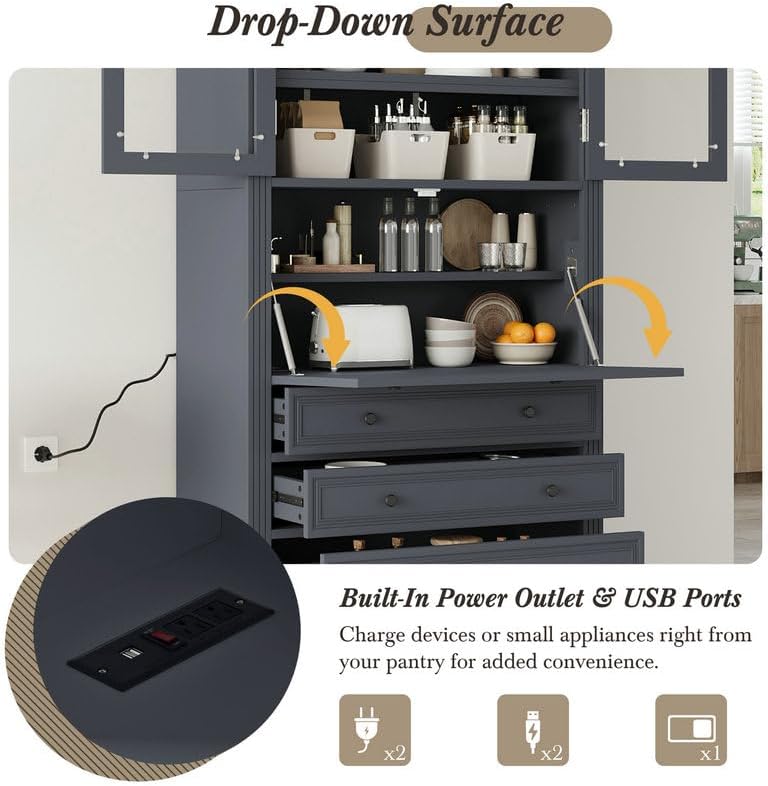 SOFTSEA Kitchen Pantry Cabinet with 3 Drawers, Kitchen Storage Cupboard with ...