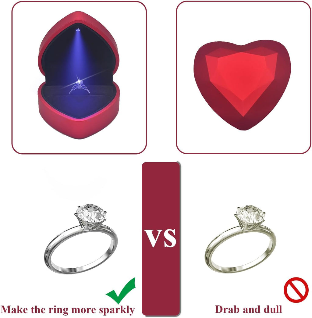 LED Lighted Ring Box, Heart Shaped Red Engagement Ring Case | Perfect for Wedding, Proposal, Anniversary, Ceremony, and Gift Giving, Light Up Every Sparkle, Protect The Jewelry
