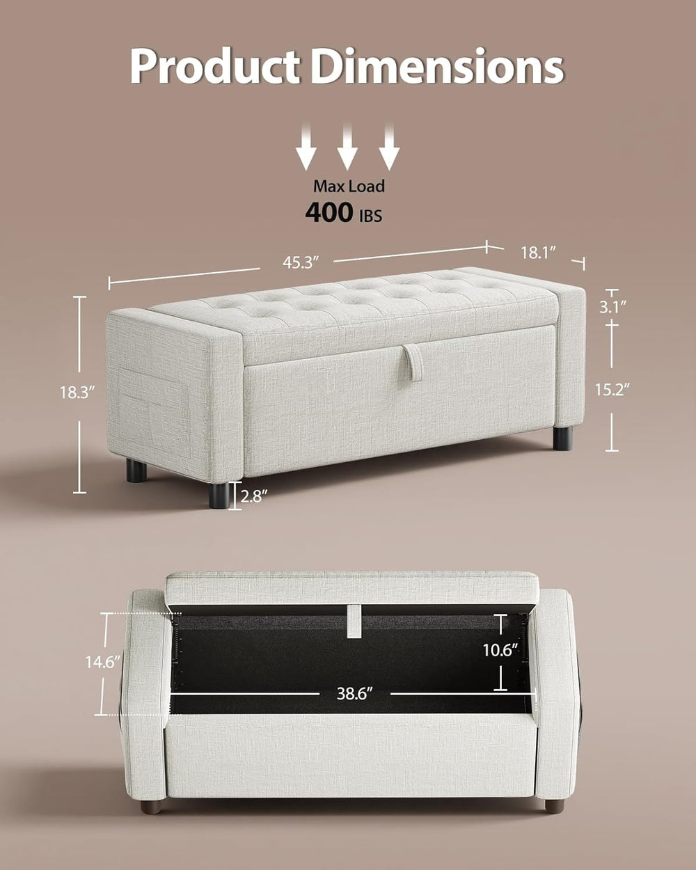 Amada 46" Storage Ottoman Bench with Safety Hinge, Hidden Compartment &a...