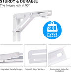YUMORE Folding Shelf Brackets, 8 Inch Heavy Duty Collapsible Shelf Bracket, DIY L Bracket for Workbench Folding Table Hinge, Max Load: 300lb, White, 2 Pack