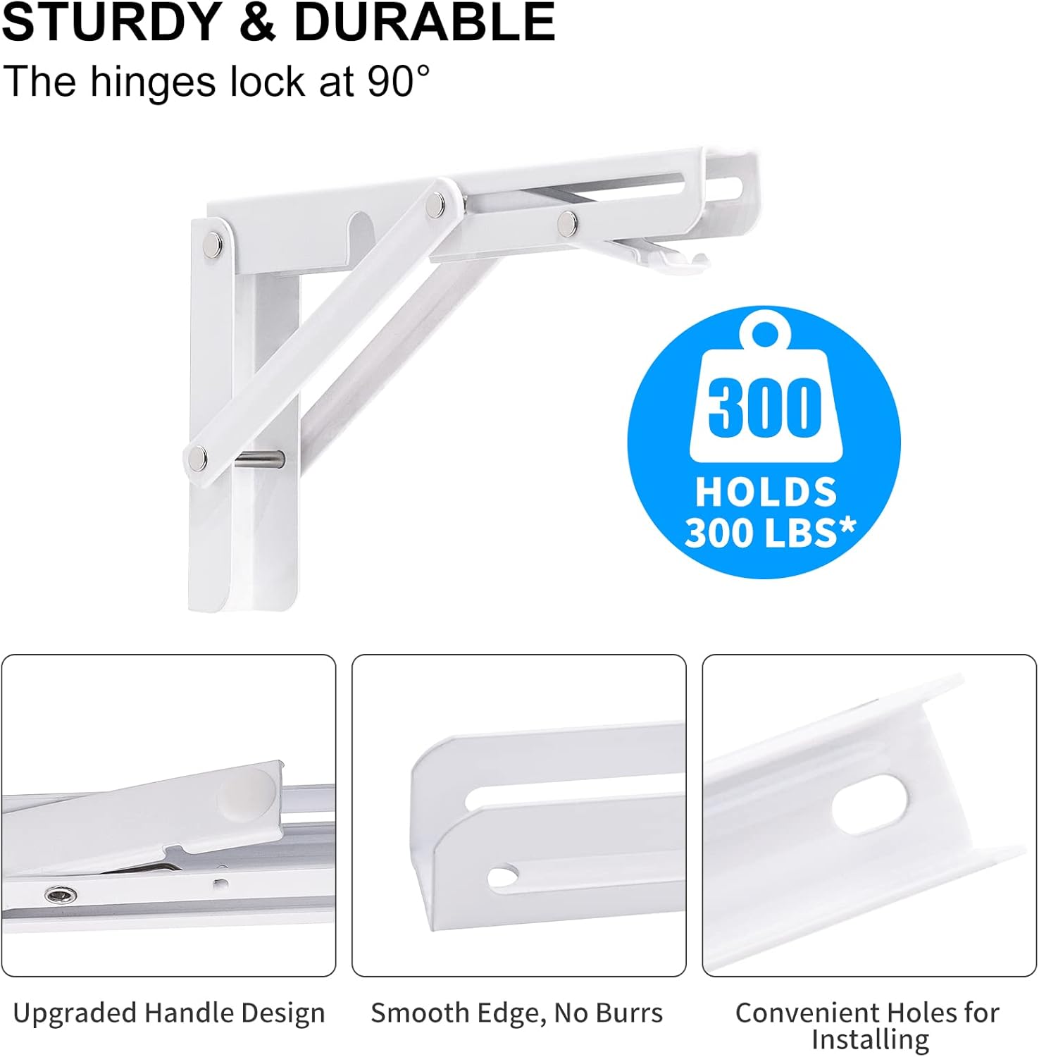YUMORE Folding Shelf Brackets, 8 Inch Heavy Duty Collapsible Shelf Bracket, DIY L Bracket for Workbench Folding Table Hinge, Max Load: 300lb, White, 2 Pack