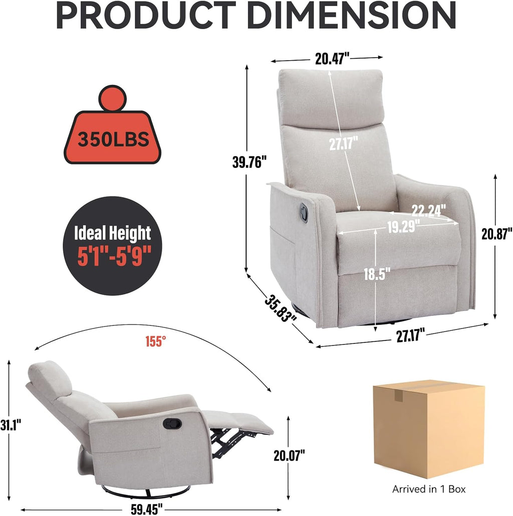 Anwick 360° Swivel Rocker Recliner Chair with Heat and Massage, Manual Upholstered Recliner for Small Spaces, Fabric Glider Nursery Chair with Side Pockets for Living Room (Beige)