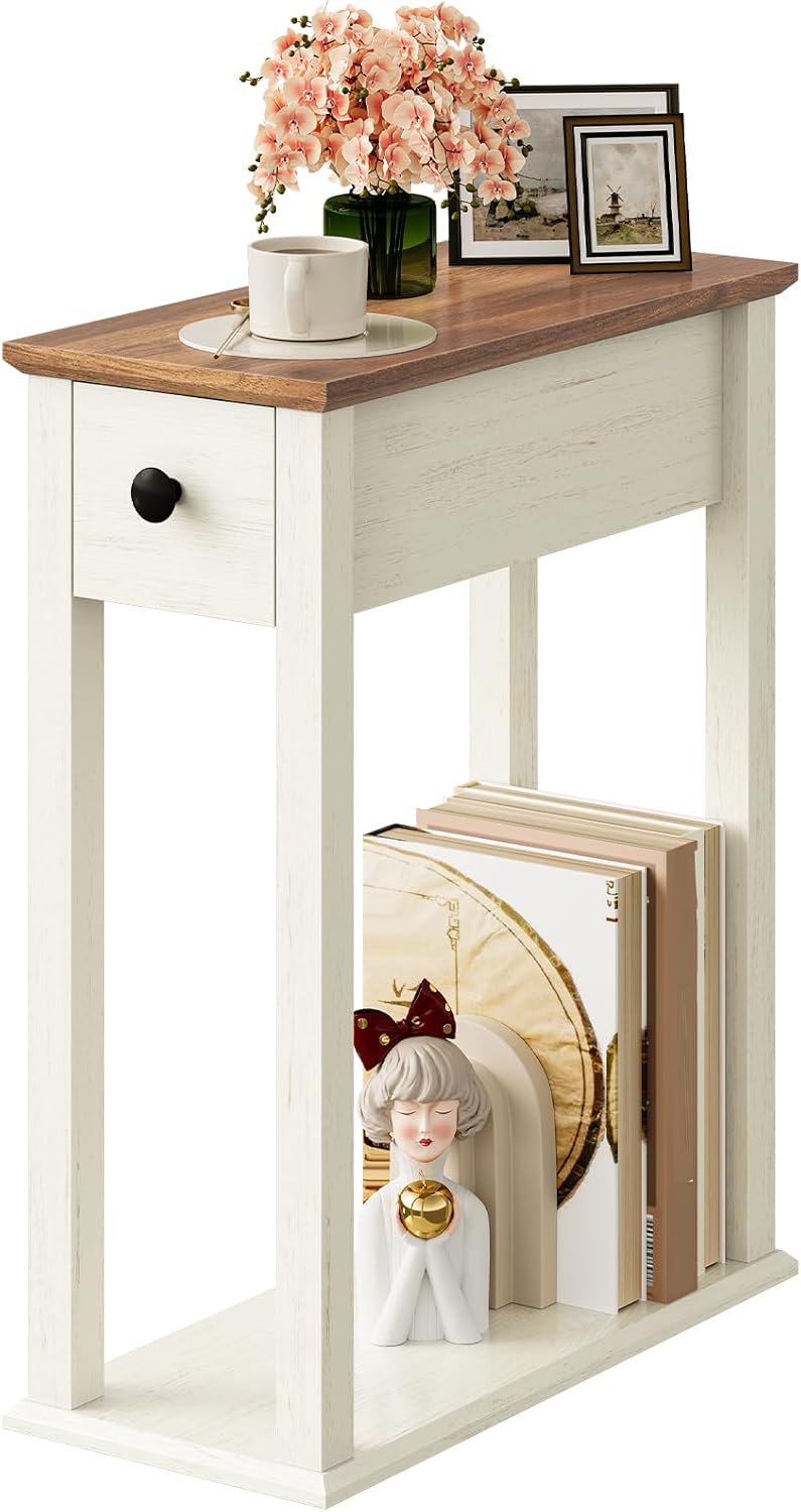 CHOEZON Farmhouse End Table, 2-Tier Narrow Side Table with Drawer, Wooden Nig...