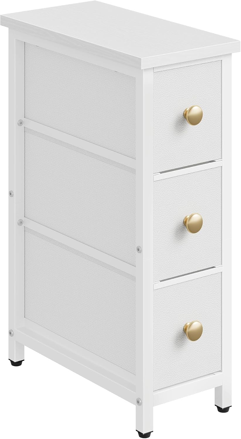 CHOEZON Narrow Side Table with 3 Fabric Drawers, Industrial Slim Bedside Tabl...