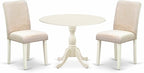 East West Furniture DMAB3-LWH-02 3 Piece Dining Table Set Contains a Round Dining Room Table with Dropleaf and 2 Light Beige Linen Fabric Upholstered Chairs, 42x42 Inch, Linen White