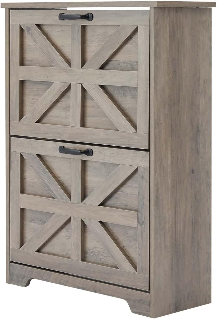 Shoe Cabinet with 2 Flip Drawers, Farmhouse Shoe Storage for Entryway, Wooden...