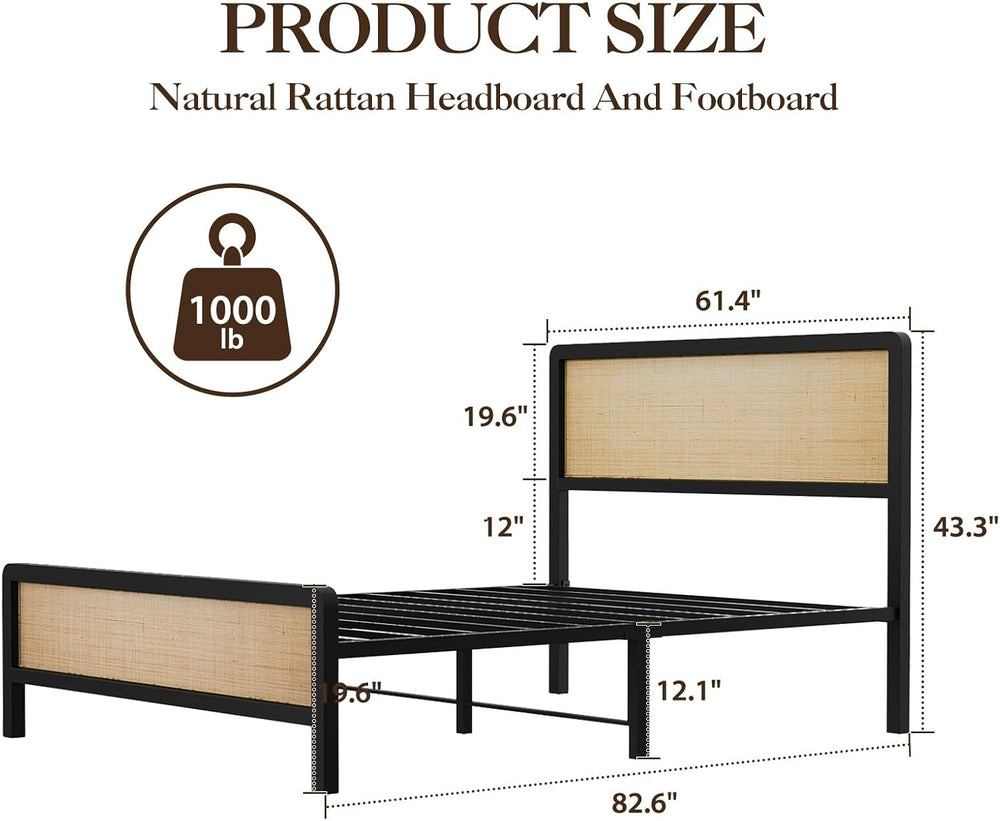 CABIHOME Rattan Queen Size Bed Frame with Natural Cane Headboard, Boho Platfo...