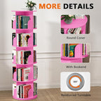 Nidouillet Rotating Bookshelf Tower, 5 Tier Spinning Bookcase Lazy Susan, Revolving 360 Book Shelf Storage Round Organizer, Vertical Rotate Turning Corner Book Case for Small Space, Pink