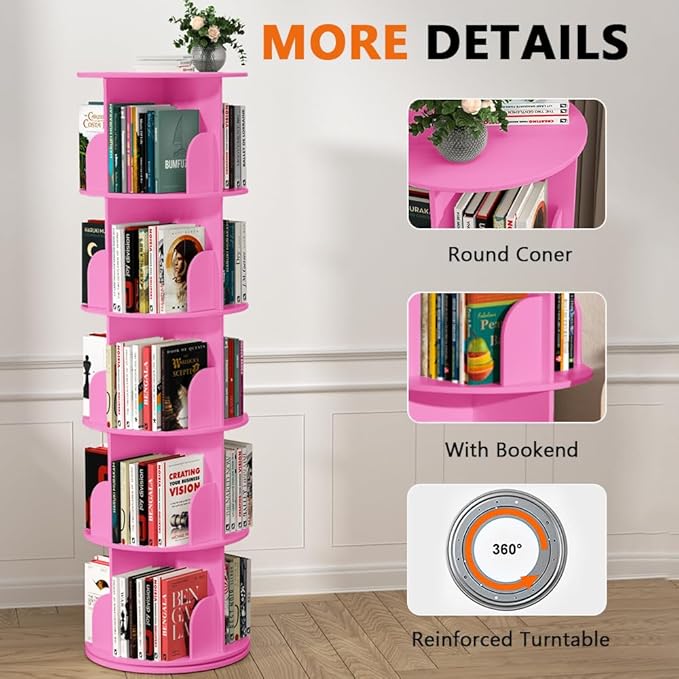 Nidouillet Rotating Bookshelf Tower, 5 Tier Spinning Bookcase Lazy Susan, Revolving 360 Book Shelf Storage Round Organizer, Vertical Rotate Turning Corner Book Case for Small Space, Pink
